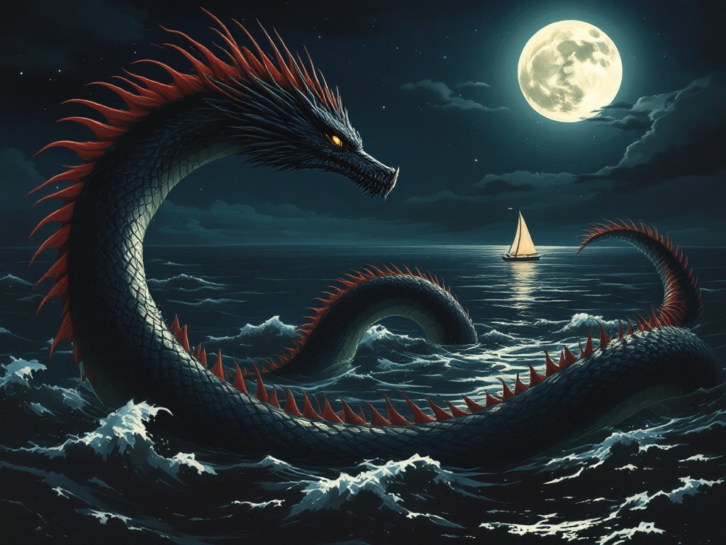 Ryūgū Meilichios — the black oarfish-dragon, ribbon-bodied and crimson-crested, rising from the deep to guard JADA, The Queen of San Diego